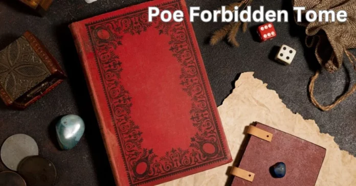a red book with a red cover and dice and paper poe forbidden tome
